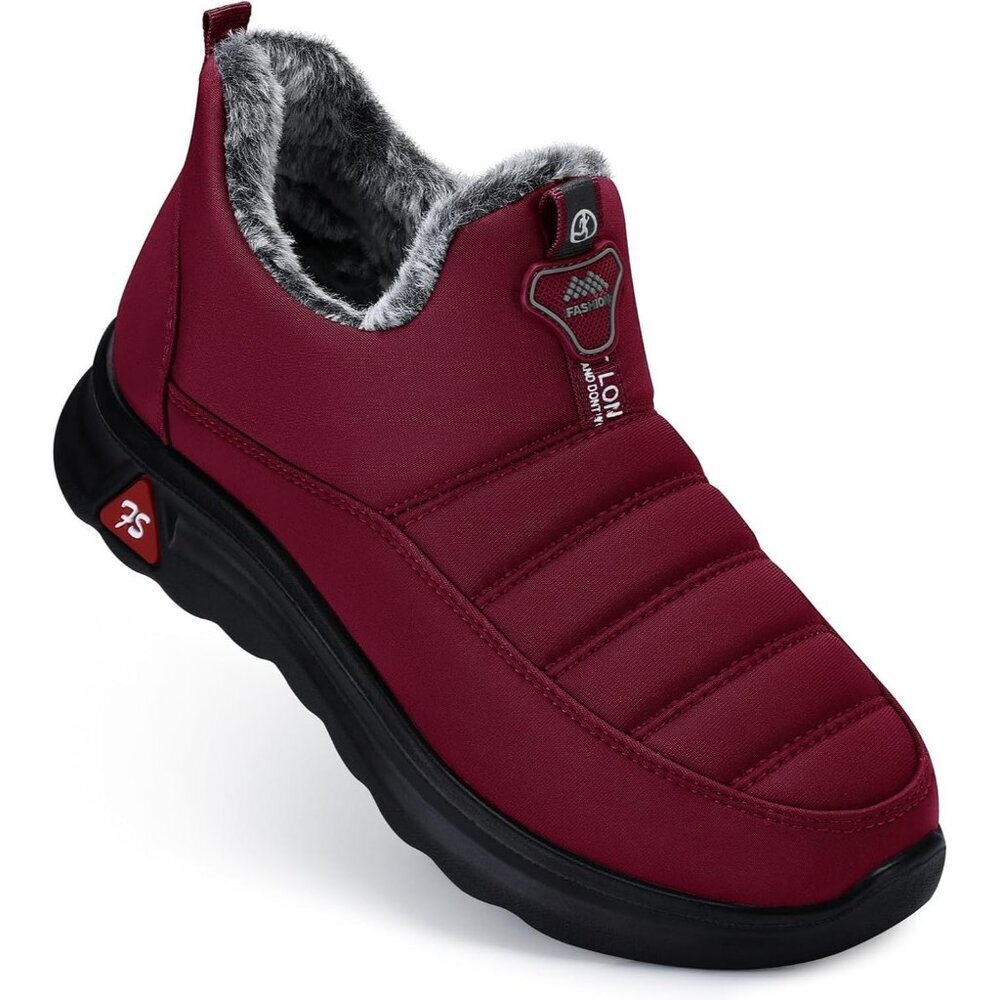 Winter Boots for Women Warm Fur Lined Red Slip on Ankle Snow Boots Waterproof